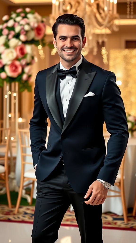 A well-dressed man in a dinner jacket at a wedding, with a romantic setting of flowers and lights.